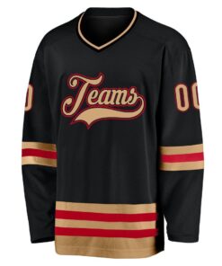 Custom Black Old Gold-Red Hockey Jersey Suit for daily life, Fabric: 95% polyester and 5% spandex, Regular fit, Stitch Color: automatically matched based on patterns