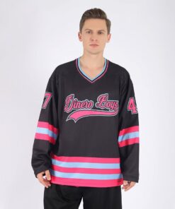Custom Black Pink-Light Blue Hockey Jersey Suit for daily life, Fabric: 95% polyester and 5% spandex, Regular fit, Stitch Color: automatically matched based on patterns
