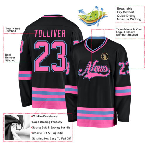 Custom Black Pink-Light Blue Hockey Jersey Suit for daily life, Fabric: 95% polyester and 5% spandex, Regular fit, Stitch Color: automatically matched based on patterns