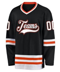 Custom Black White-Orange Hockey Jersey Suit for daily life, Fabric: 95% polyester and 5% spandex, Regular fit, Stitch Color: automatically matched based on patterns