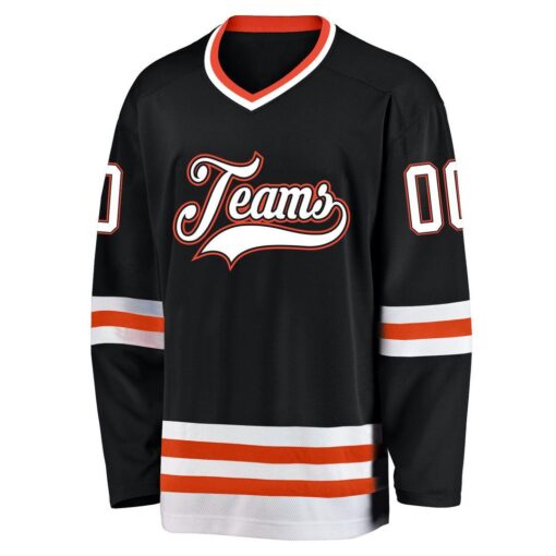 Custom Black White-Orange Hockey Jersey Suit for daily life, Fabric: 95% polyester and 5% spandex, Regular fit, Stitch Color: automatically matched based on patterns