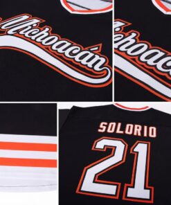 Custom Black White-Orange Hockey Jersey Suit for daily life, Fabric: 95% polyester and 5% spandex, Regular fit, Stitch Color: automatically matched based on patterns