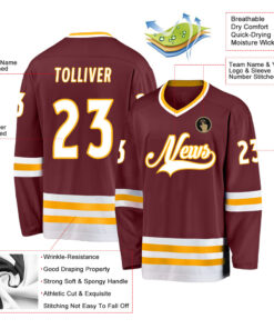 Custom Burgundy White-Gold Hockey Jersey Suit for daily life, Fabric: 95% polyester and 5% spandex, Regular fit, Stitch Color: automatically matched based on patterns