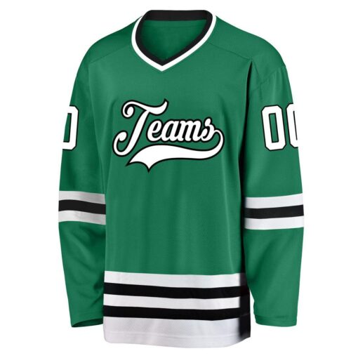 Custom Kelly Green White-Black Hockey Jersey Suit for daily life, Fabric: 95% polyester and 5% spandex, Regular fit, Stitch Color: automatically matched based on patterns