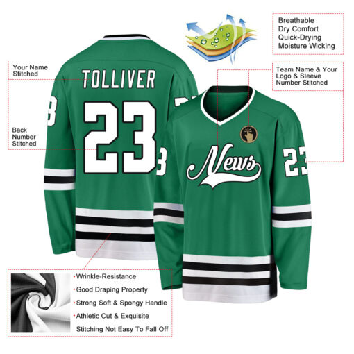 Custom Kelly Green White-Black Hockey Jersey Suit for daily life, Fabric: 95% polyester and 5% spandex, Regular fit, Stitch Color: automatically matched based on patterns