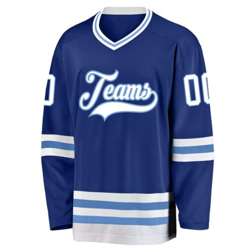 Custom Royal White-Light Blue Hockey Jersey Suit for daily life, Fabric: 95% polyester and 5% spandex, Regular fit, Stitch Color: automatically matched based on patterns